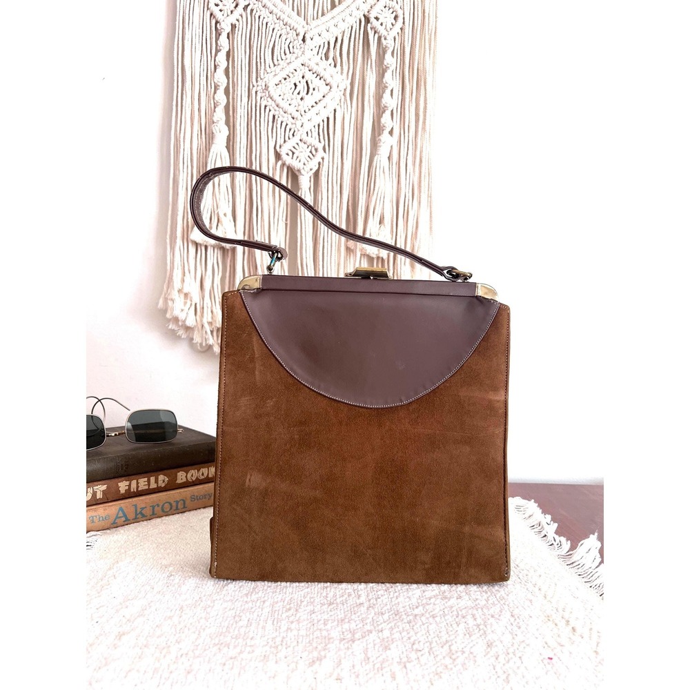 Vtg Brown Suede and Leather Top Handle Purse Lined (4072)